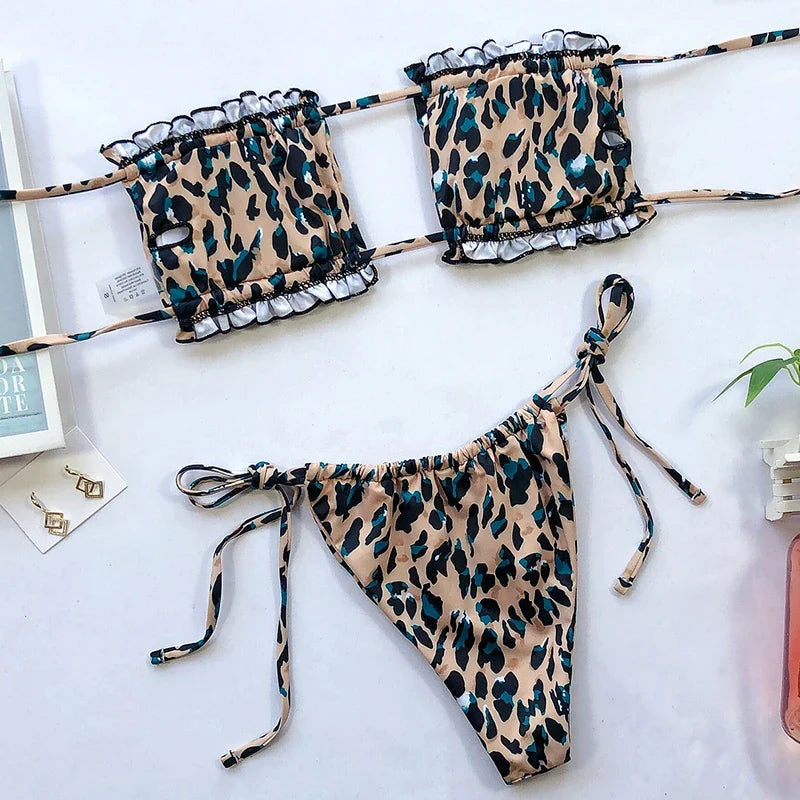 Tie Dye Pleated Ruffled Bikinis Bandeau Bikini Women Swimsuit Female Swimwear Two-pieces Bikini Set Hollow Out Bathing Suit Swim