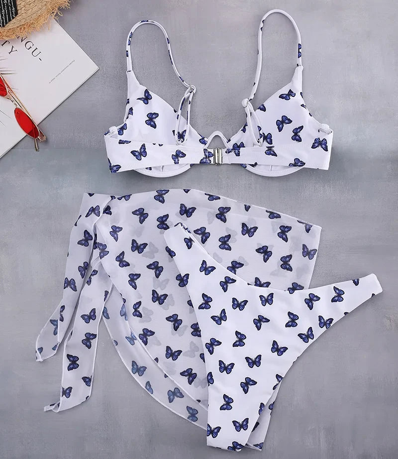 Marble Print V-Bar Underwired Bikini Women Swimsuit Female Swimwear Three-pieces Bikini Set Push Up Bathing Suit Beach Sarong