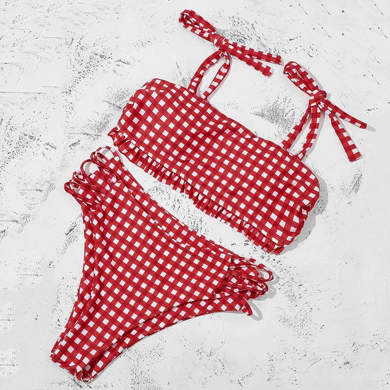 ZTVitality Blue Plaid Bikinis Push Up Bikini 2020 Newest Padded Bandage Swimsuit High Waist Cross Hollow Out Sexy Swimwear Women