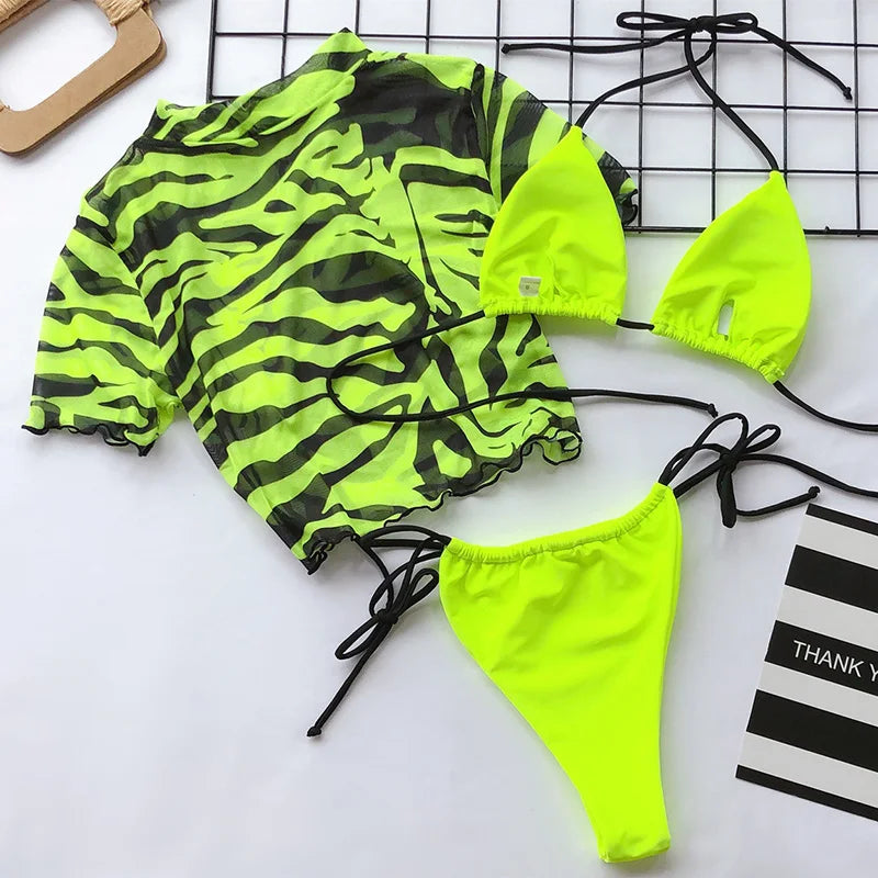 Zebra Print Mesh Short Sleeve Halter Mini Micro Bikini Female Swimsuit Women Swimwear Three-pieces Bikini set Bathing Suit Swim