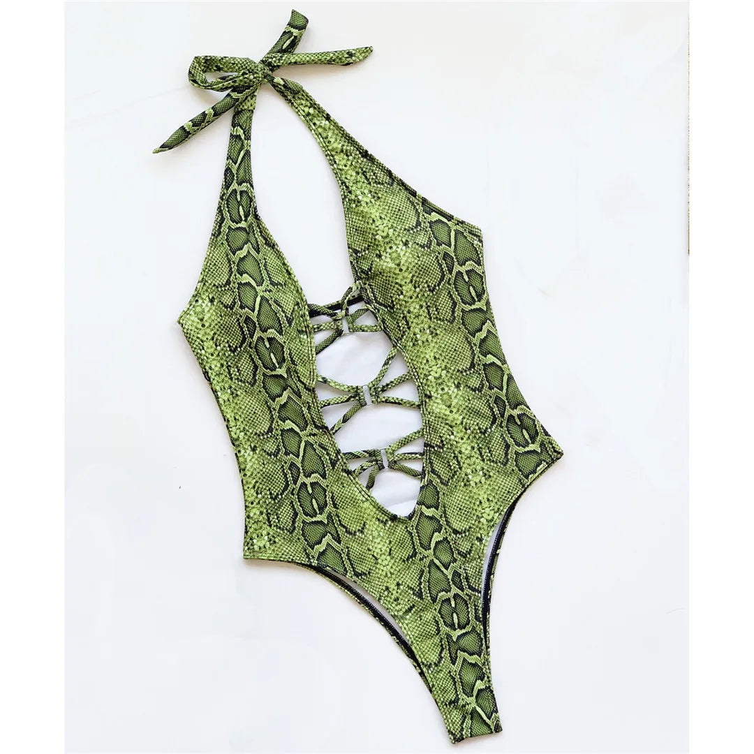 New Sexy Snake Skin Halter Monokini Women Swimwear One Piece Swimsuit Female Tummy Cut Out Bather Bathing Suit Swim Lady V3056