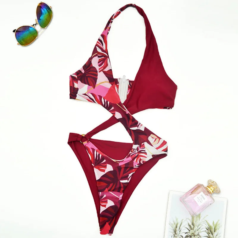 2025 Sexy High Cut Out Halter Female Swimwear One Piece Swimsuit Women Cross Bandage Monokini Bather Bathing Suit Swim Bodysuit