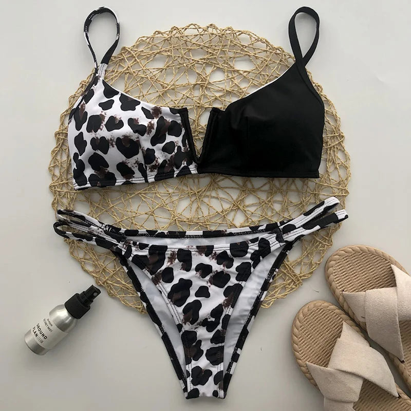 Ribbed Polka Dot Bikinis V-Bar Underwired Bikini Women Swimwear Female Swimsuit Two Pieces Bikini Set High Cut Bathing Suit Swim