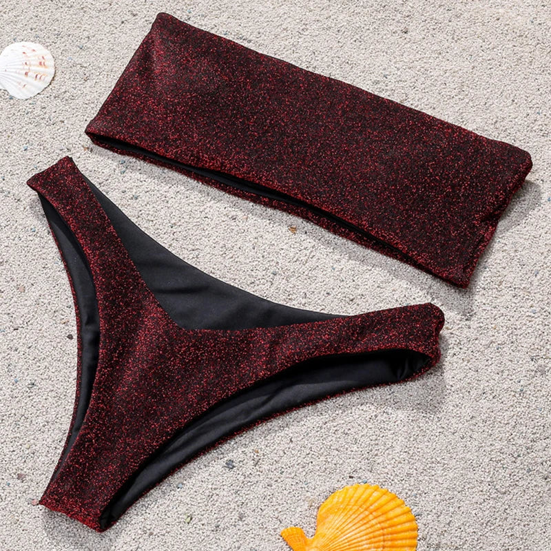 2025 Shiny Sparkling High Waist Bikini Women Bandeau Swimsuit Female Swimwear Two Pieces Bikini set High cut Bathing Suit Swim