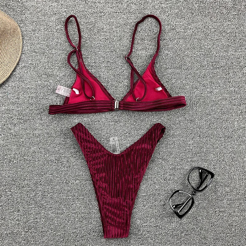 Ribbed Metallic Velvet Bikini Women Swimsuit Female Thong Swimwear Two Pieces Bikini Set High Cut Bathing Suit Swim Beachwear