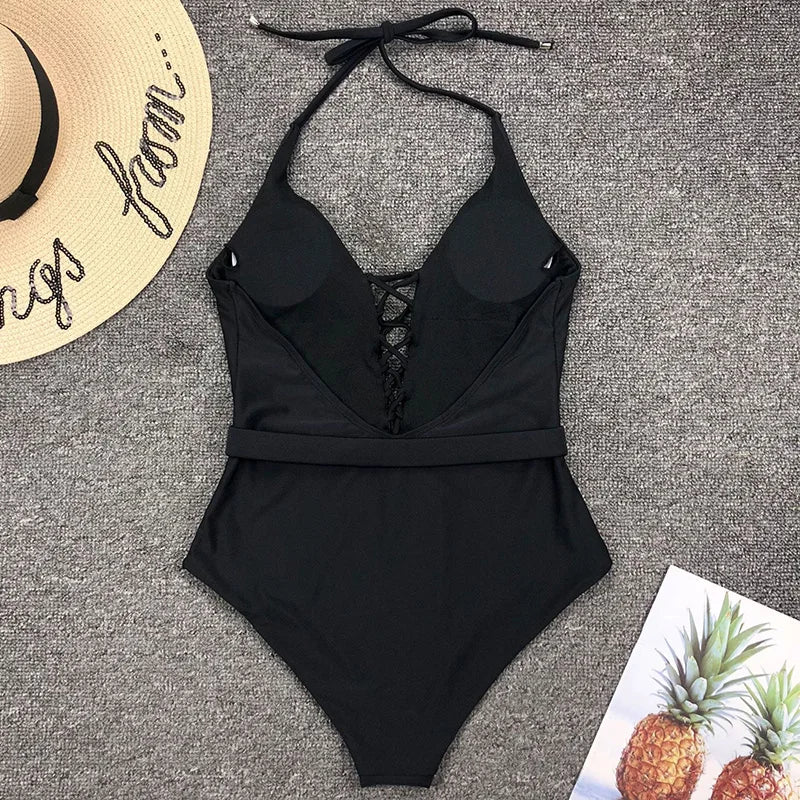 2025 Sexy Lace Up Halter Female Swimwear One Piece Swimsuit Women Backless Monokini with Waist Belt Bathing Suit Swim Bodysuit
