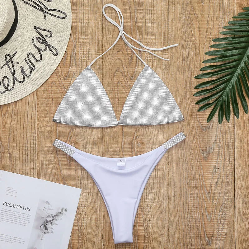 Shiny Sequins Diamond Micro Bikini 2025 Women Swimsuit Female Halter Swimwear Two Pieces Bikini Set Brazilian Bathing Suit Swim