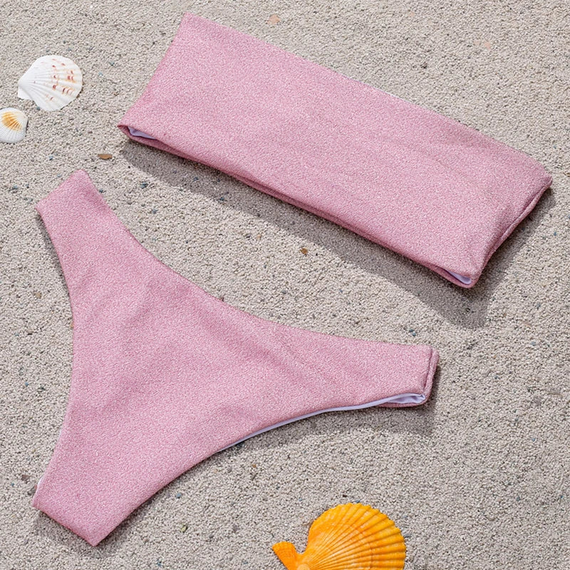 2025 Shiny Sparkling High Waist Bikini Women Bandeau Swimsuit Female Swimwear Two Pieces Bikini set High cut Bathing Suit Swim