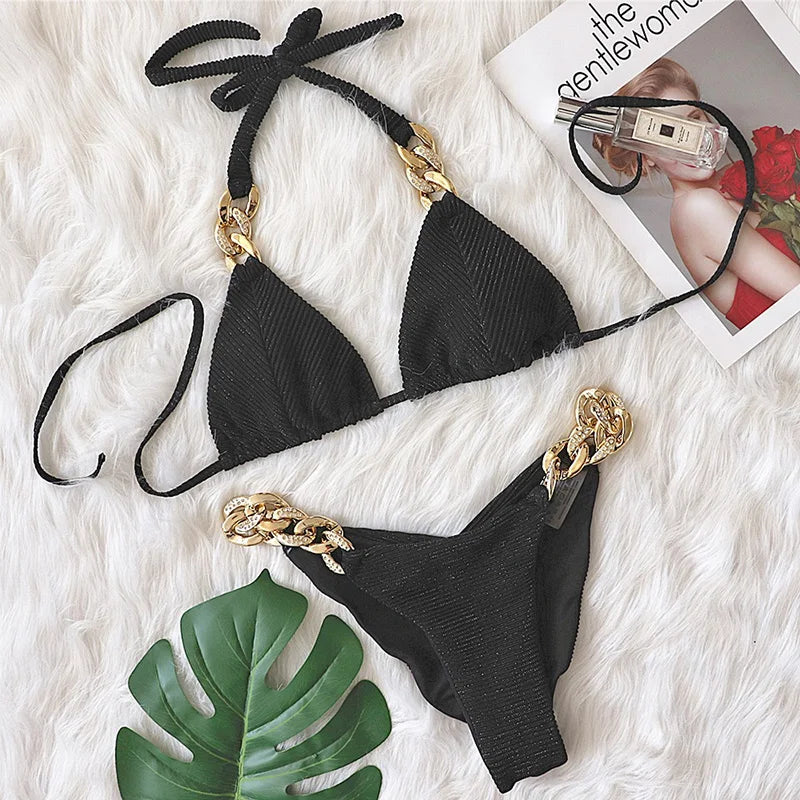 Halter Chains Rhinestone Diamond Bikini Women Swimsuit Female Ribbed Swimwear Two Pieces Bikini set Brazilian Bathing Suit Swim