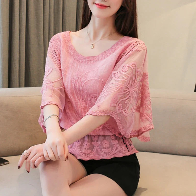 Summer Loose Lace Blouse Women 2025 Butterfly Sleeve Chiffon Shirt Woman Fashion Casual Floral White Shirt Tops Blusas 4073