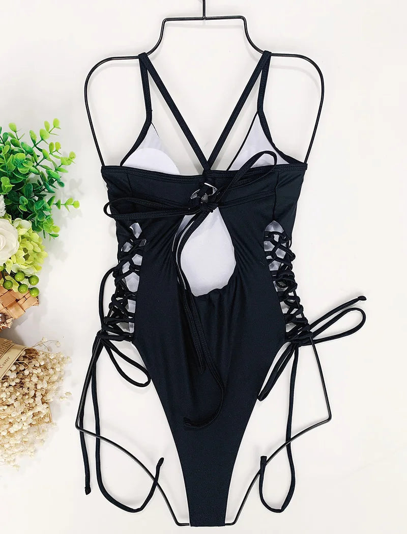 Splicing High Cut Out One Piece Swimsuit Women Tassel Swimwear Female Sexy Bathing Suit String Leopard Bikini 2025 Monokini Lady
