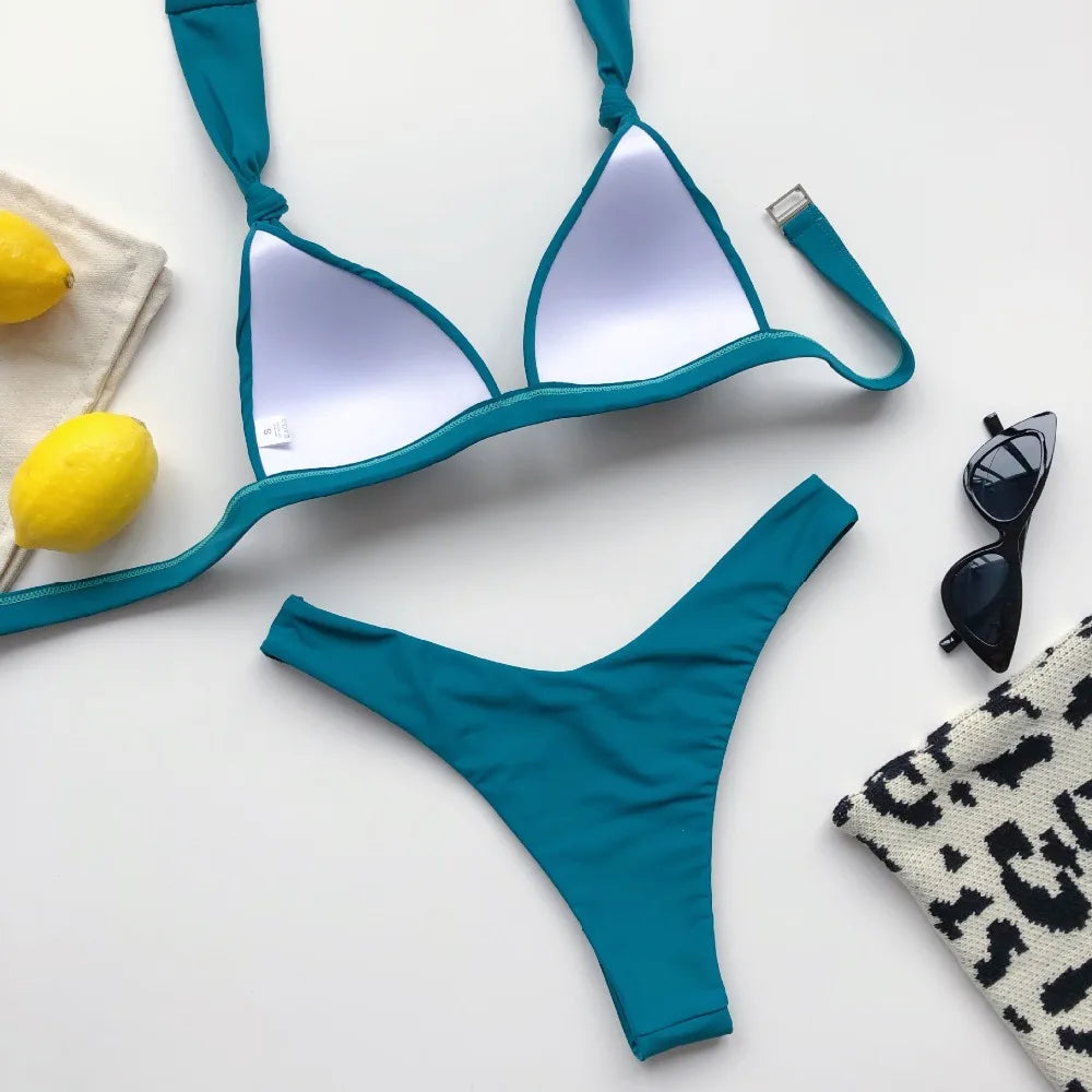 Sexy Halter Push Up Bra Cup Bikini 2025 Women Swimsuit Female Swimwear Two Pieces Bikini set Brazilian Bathing Suit Swim Beach