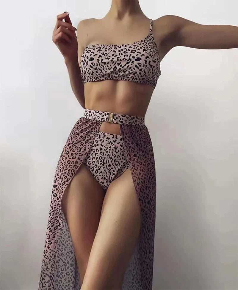 New One shoulder Bikini 2025 Female Swimsuit Women Swimwear Three-pieces Bikini set Mesh Long Skirt Beach wear Bathing Suit Swim