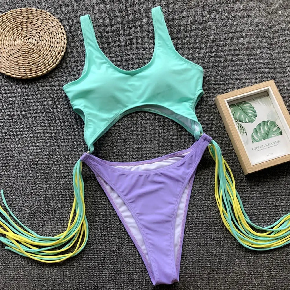 Splicing High Cut Out One Piece Swimsuit Women Tassel Swimwear Female Sexy Bathing Suit String Leopard Bikini 2025 Monokini Lady