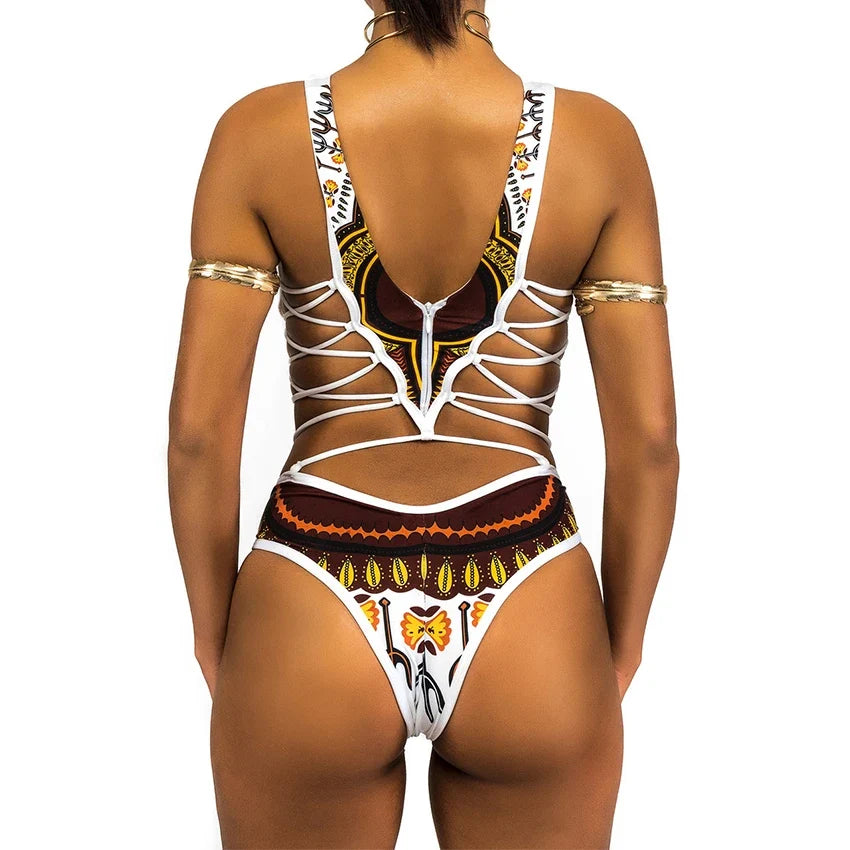 2025 African Dashiki Print One Piece Swimsuit Women High leg cut Swimwear Female Trikini Thong Monokini Brazilian Bathing Suit