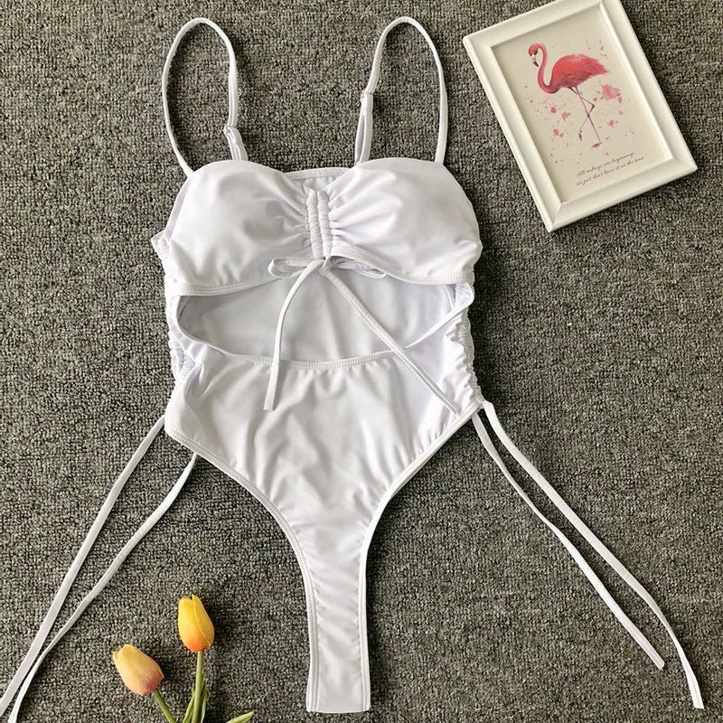 Splicing High Cut Out One Piece Swimsuit Women Tassel Swimwear Female Sexy Bathing Suit String Leopard Bikini 2025 Monokini Lady