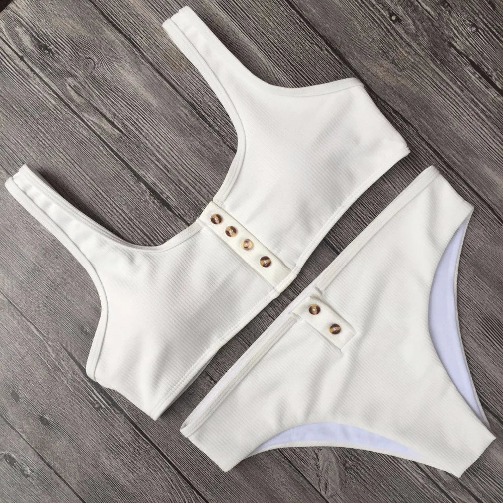 Sexy Sport Button Bikini 2025 Bandeau Swimwear Women Ribbed Swimsuit Female Two pieces bikini set Bathers Push Up Bathing Suit