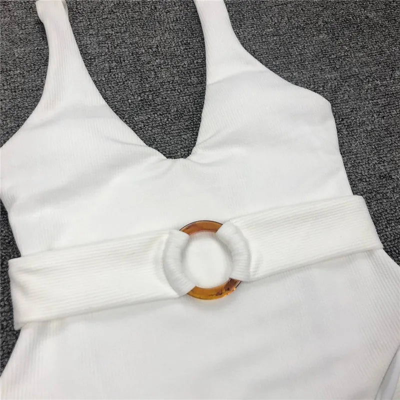 2025 White Ribbed Women Swimwear One Piece Swimsuit Female Bather Sexy High Cut Monokini Rings Belt Bathing Suit Swim Bodysuit