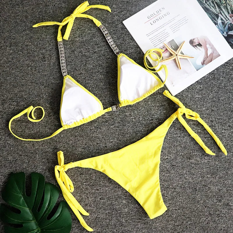 Sexy Halter Crystal Diamond Bikini 2025 Women Swimsuit Female Swimwear Two-pieces Bikini set Rhinestone Bather Bathing Suit Swim