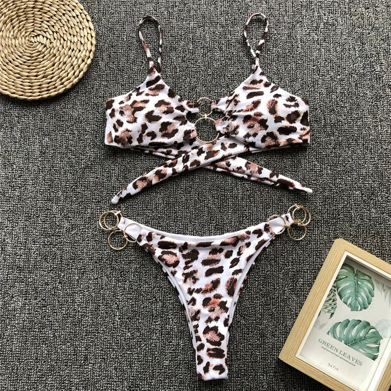 Metal Rings Bikinis Hollow Out Bikini Women Swimsuit Female Brazilian Swimwear Two Pieces Bikini Set High Cut Bathing Suit Swim