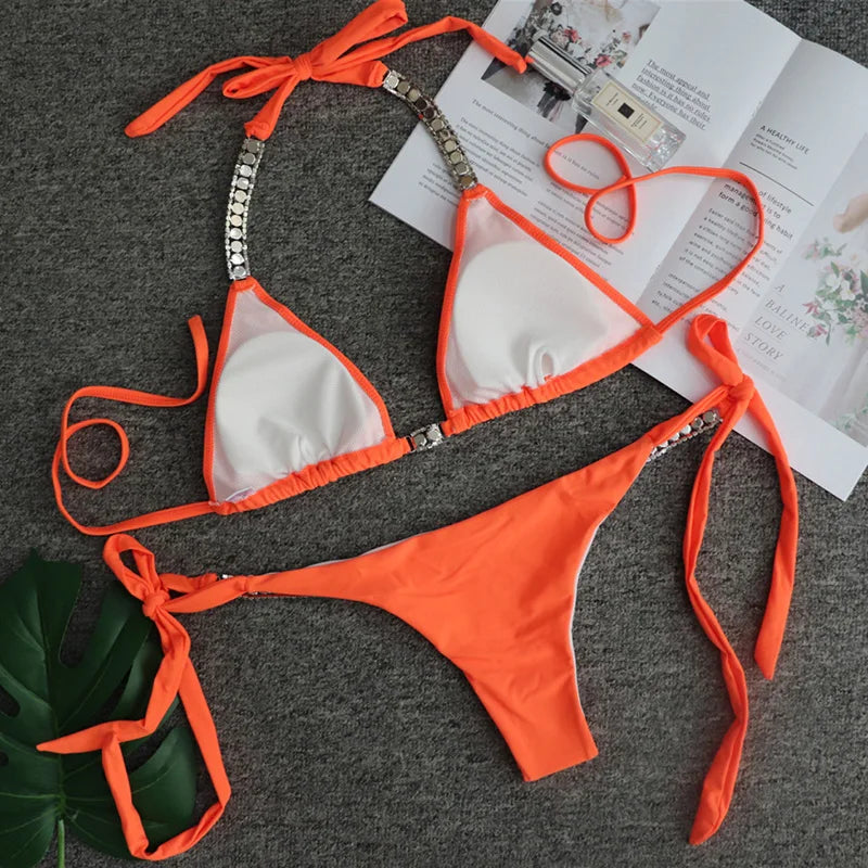 Sexy Halter Crystal Diamond Bikini 2025 Women Swimsuit Female Swimwear Two-pieces Bikini set Rhinestone Bather Bathing Suit Swim