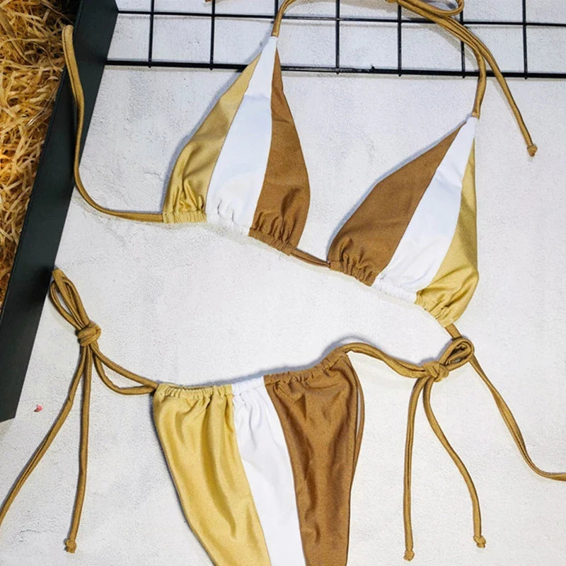 Splicing Leopard Mini Micro String Bikini Women Swimwear Female Swimsuit Two Pieces Bikini Set Halter Bather Bathing Suit Swim