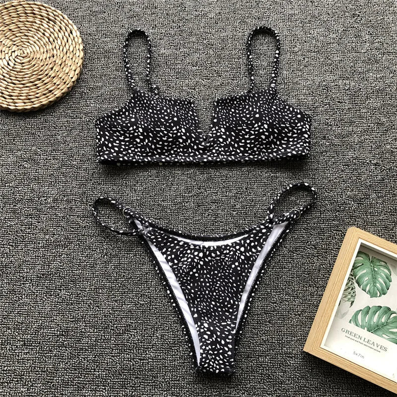 Ribbed Polka Dot Bikinis V-Bar Underwired Bikini Women Swimwear Female Swimsuit Two Pieces Bikini Set High Cut Bathing Suit Swim