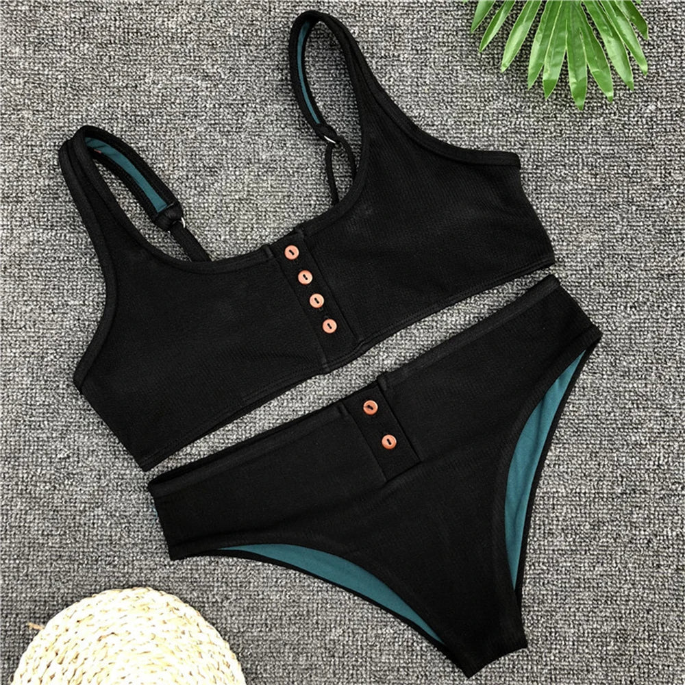 Sexy Sport Button Bikini 2025 Bandeau Swimwear Women Ribbed Swimsuit Female Two pieces bikini set Bathers Push Up Bathing Suit