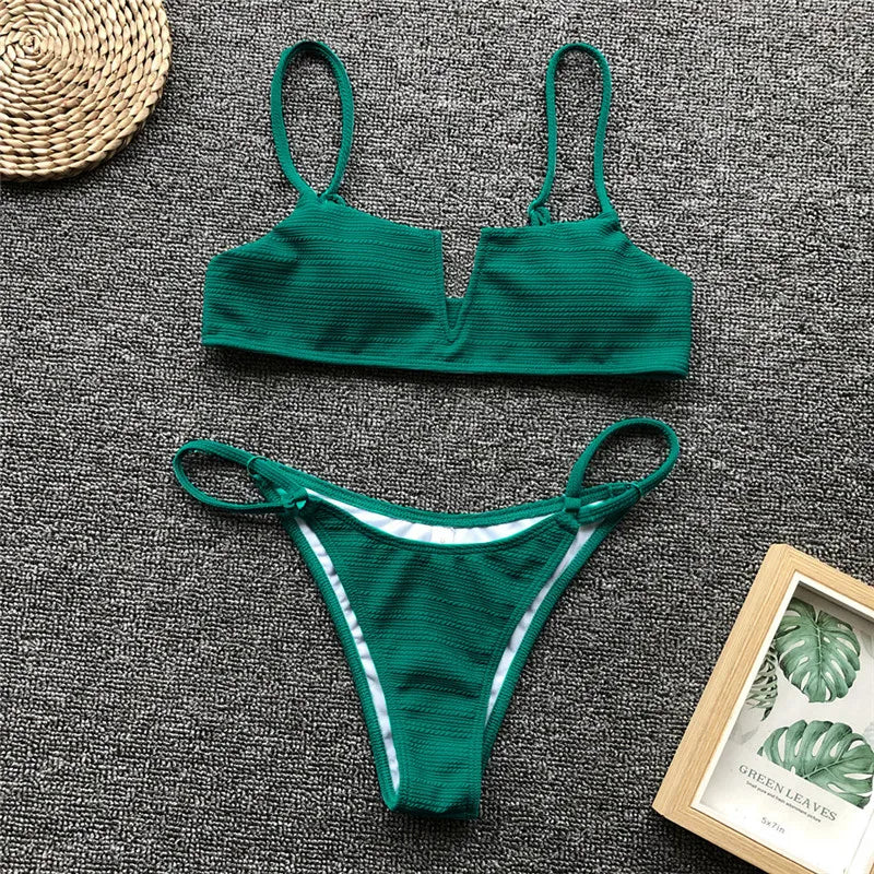 Ribbed Polka Dot Bikinis V-Bar Underwired Bikini Women Swimwear Female Swimsuit Two Pieces Bikini Set High Cut Bathing Suit Swim