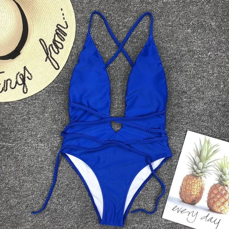 New 2025 Sexy Deep V Neck Wrap Around Female Swimwear One Piece Swimsuit Women Backless Monokini High Cut Bathing Suit Swim Lady