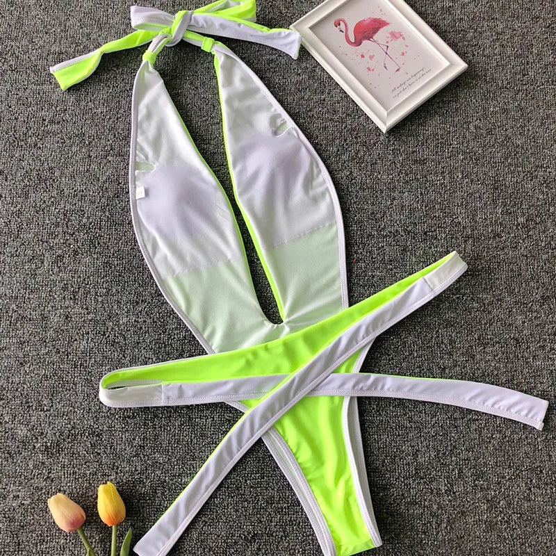 2025 Deep V Female Halter Swimwear One Piece Swimsuit Women Backless Monokini High Cut Wrap Around Bathing Suit Swim Bodysuit