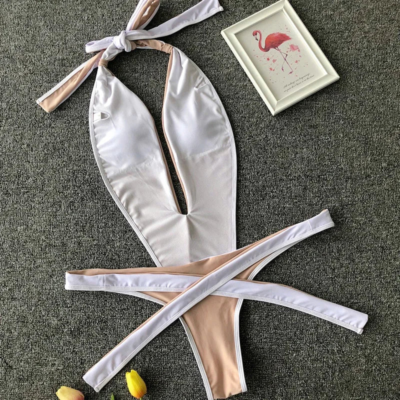 2025 Deep V Female Halter Swimwear One Piece Swimsuit Women Backless Monokini High Cut Wrap Around Bathing Suit Swim Bodysuit