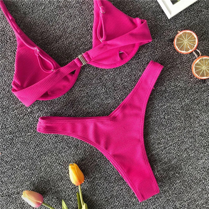 High Cut V-bar Underwired Bikini Women Swimsuit Female Micro Thong Swimwear Two-pieces Bikini Set Push Up Bathing Suit Swim Lady