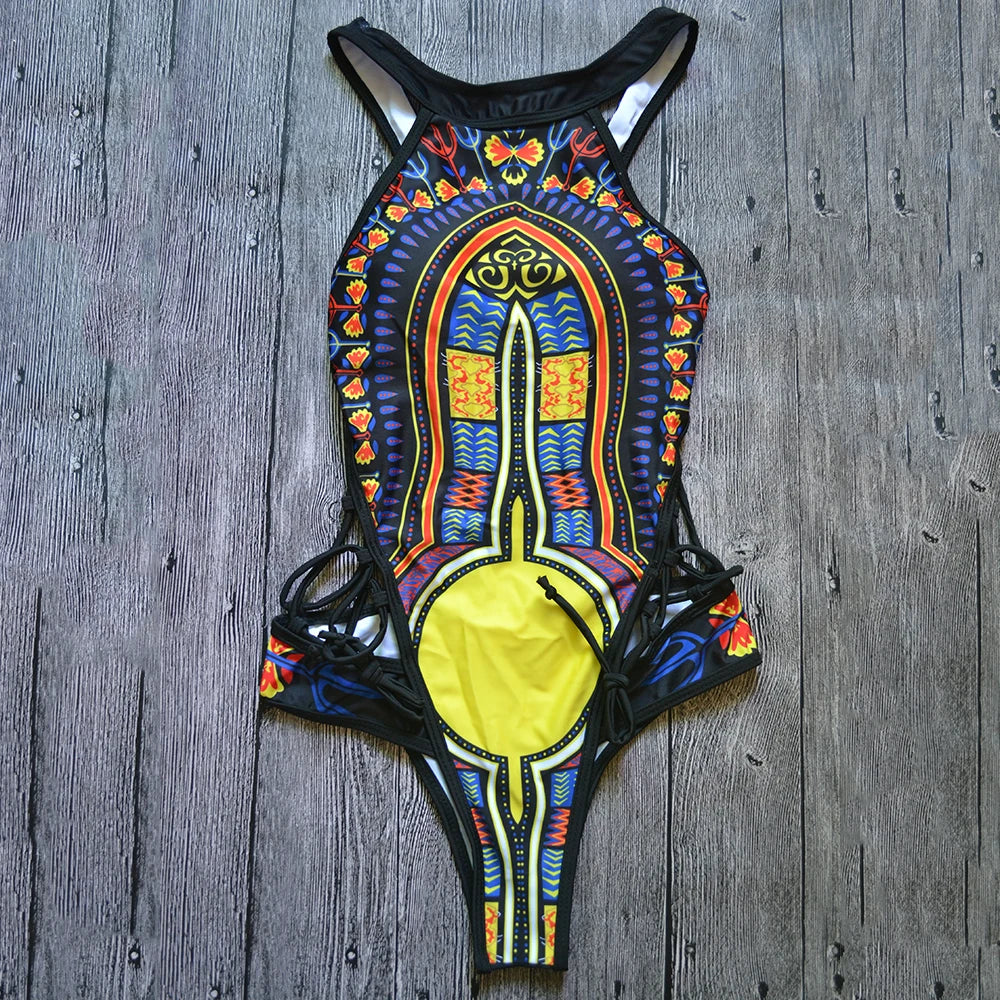 2025 African Dashiki Print One Piece Swimsuit Women High leg cut Swimwear Female Trikini Thong Monokini Brazilian Bathing Suit