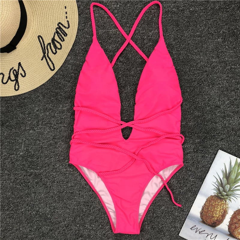 New 2025 Sexy Deep V Neck Wrap Around Female Swimwear One Piece Swimsuit Women Backless Monokini High Cut Bathing Suit Swim Lady