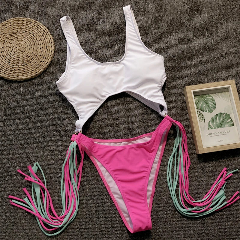 Splicing High Cut Out One Piece Swimsuit Women Tassel Swimwear Female Sexy Bathing Suit String Leopard Bikini 2025 Monokini Lady