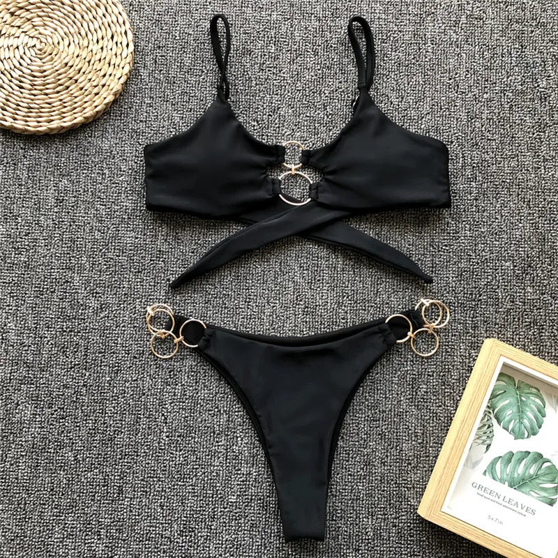 Metal Rings Bikinis Hollow Out Bikini Women Swimsuit Female Brazilian Swimwear Two Pieces Bikini Set High Cut Bathing Suit Swim
