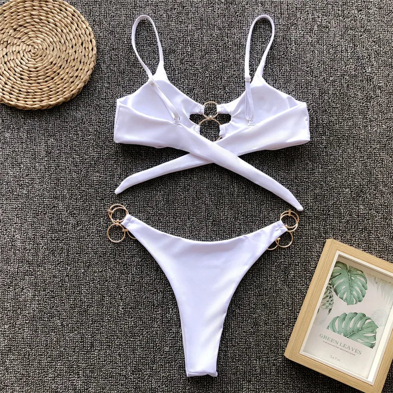 Metal Rings Bikinis Hollow Out Bikini Women Swimsuit Female Brazilian Swimwear Two Pieces Bikini Set High Cut Bathing Suit Swim