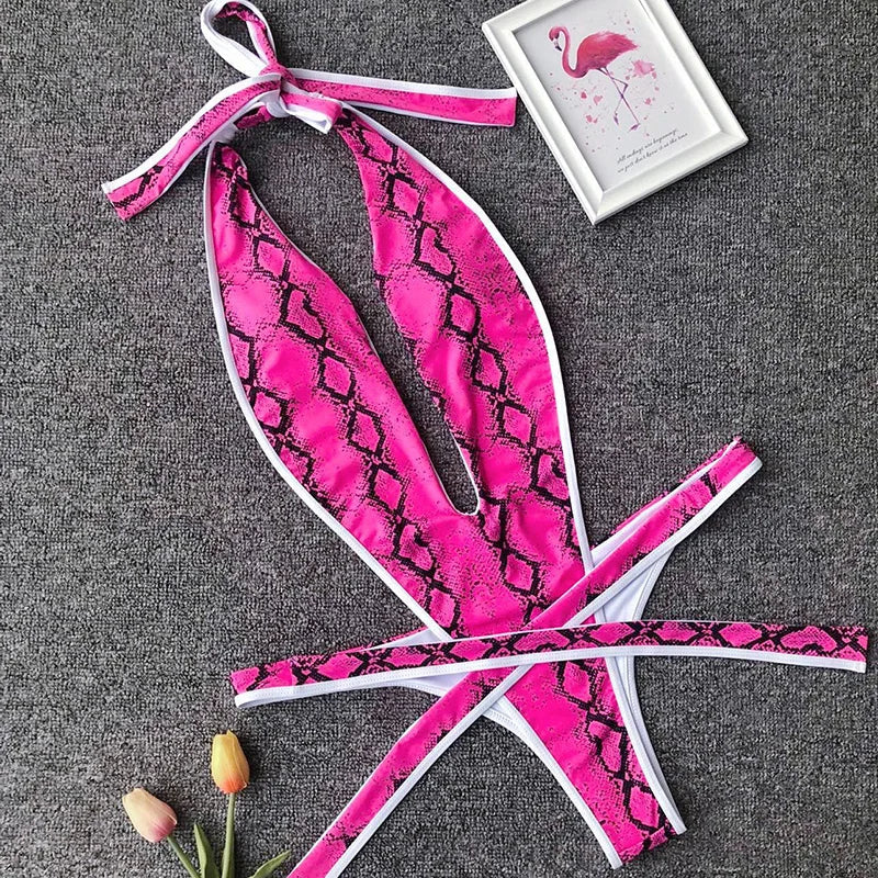 2025 Deep V Female Halter Swimwear One Piece Swimsuit Women Backless Monokini High Cut Wrap Around Bathing Suit Swim Bodysuit