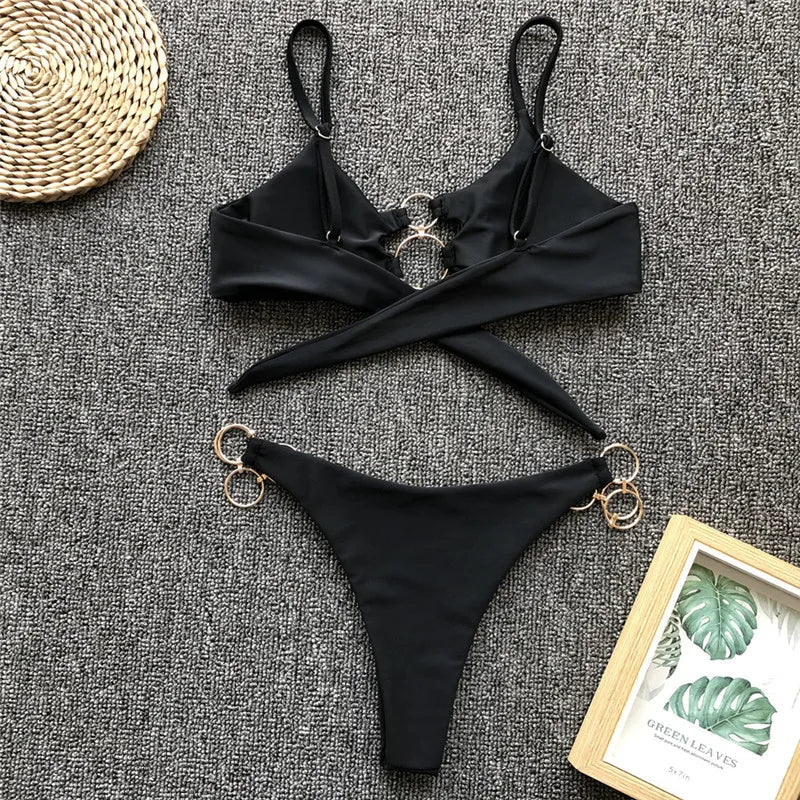 Metal Rings Bikinis Hollow Out Bikini Women Swimsuit Female Brazilian Swimwear Two Pieces Bikini Set High Cut Bathing Suit Swim