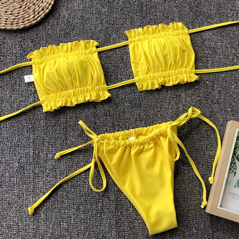 Tie Dye Pleated Ruffled Bikinis Bandeau Bikini Women Swimsuit Female Swimwear Two-pieces Bikini Set Hollow Out Bathing Suit Swim