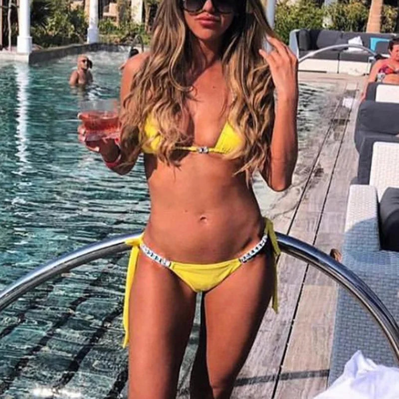 Sexy Halter Crystal Diamond Bikini 2025 Women Swimsuit Female Swimwear Two-pieces Bikini set Rhinestone Bather Bathing Suit Swim