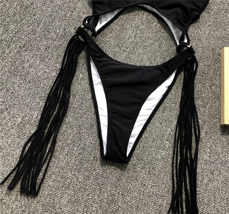 Sexy Splicing Tummy Cut Out Female Swimwear One Piece Swimsuit Women Tassel Monokini Bather String Bathing Suit Swim Bodysuit