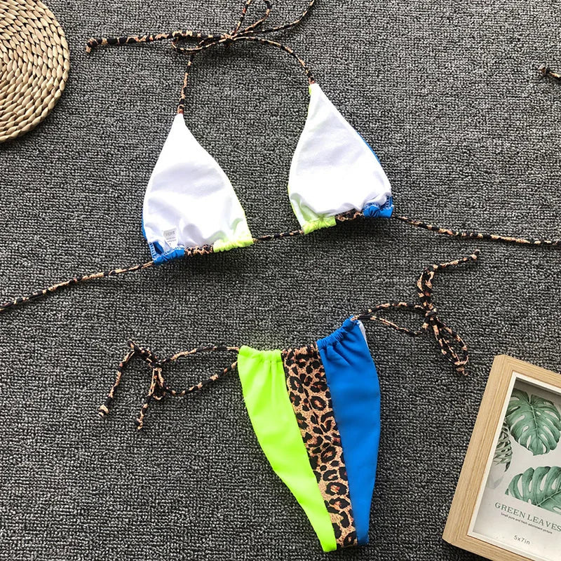 Splicing Leopard Mini Micro String Bikini Women Swimwear Female Swimsuit Two Pieces Bikini Set Halter Bather Bathing Suit Swim