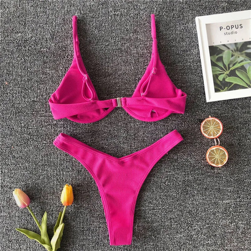 High Cut V-bar Underwired Bikini Women Swimsuit Female Micro Thong Swimwear Two-pieces Bikini Set Push Up Bathing Suit Swim Lady