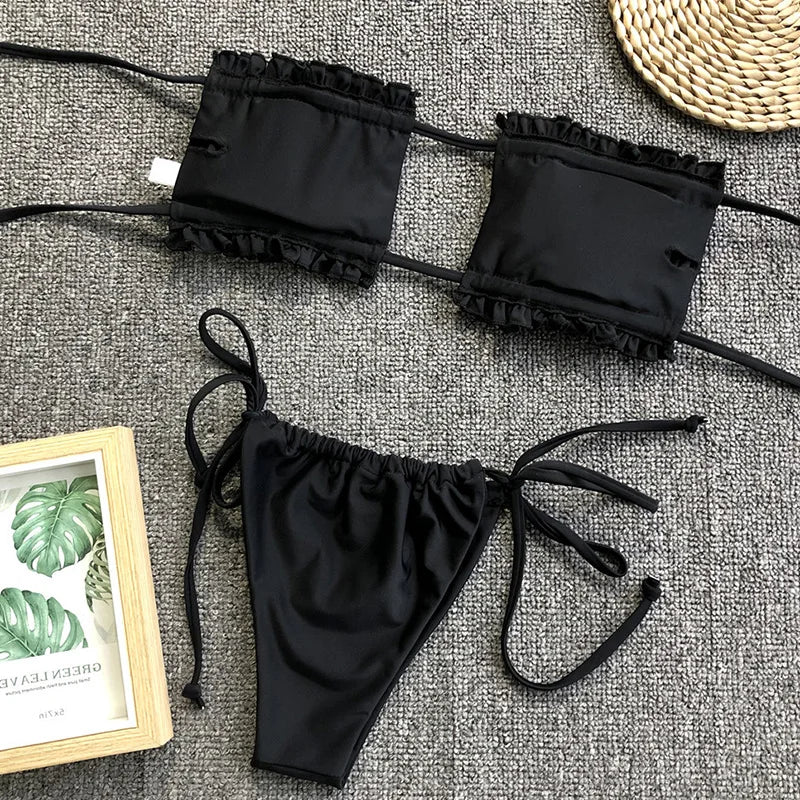 Tie Dye Pleated Ruffled Bikinis Bandeau Bikini Women Swimsuit Female Swimwear Two-pieces Bikini Set Hollow Out Bathing Suit Swim