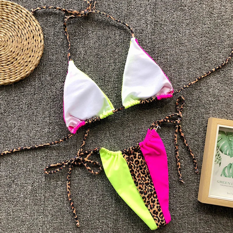 Splicing Leopard Mini Micro String Bikini Women Swimwear Female Swimsuit Two Pieces Bikini Set Halter Bather Bathing Suit Swim