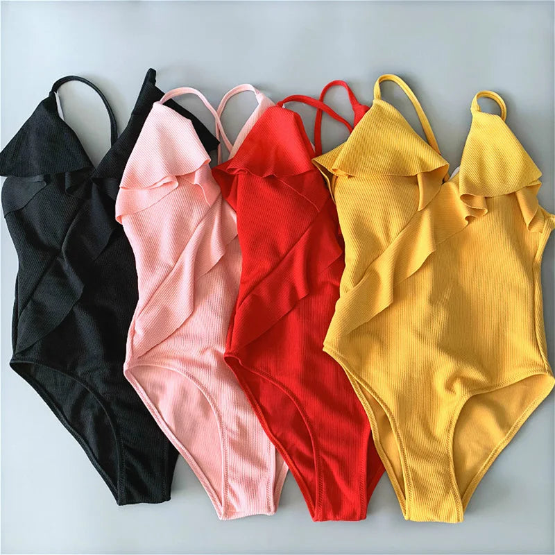S - XXL Sexy Ribbed Ruffled One Piece Swimsuit Women Swimwear Female Monokini High Cut Bather Bathing Suit Swim Wear Bodysuit