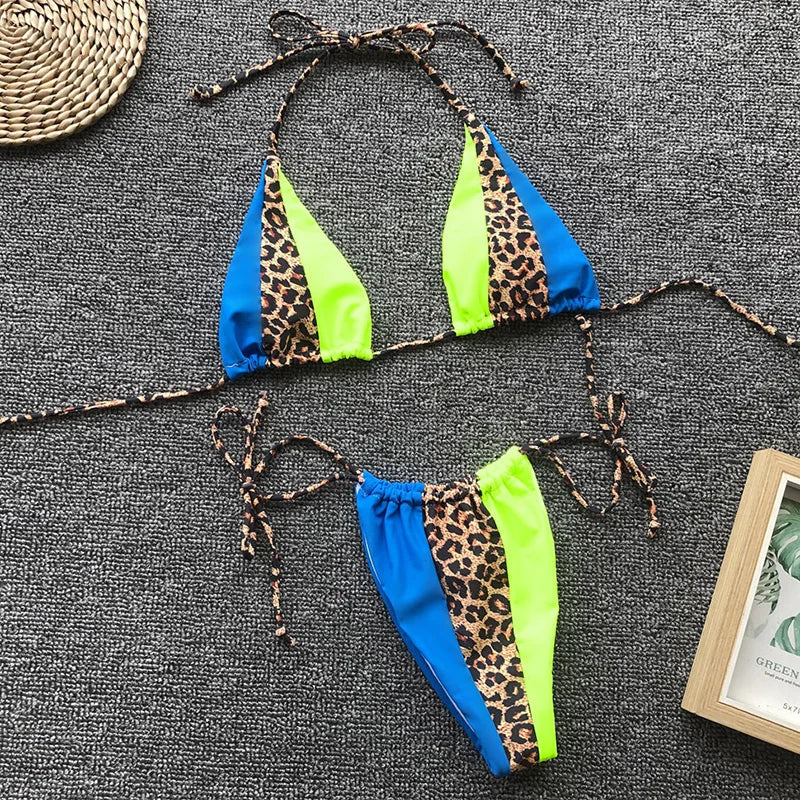Zebra Print Halter micro Bikini 2025 women Bandeau String Swimsuit Female swimwear Neon Shiny bikini set Leopard Bathing Suit