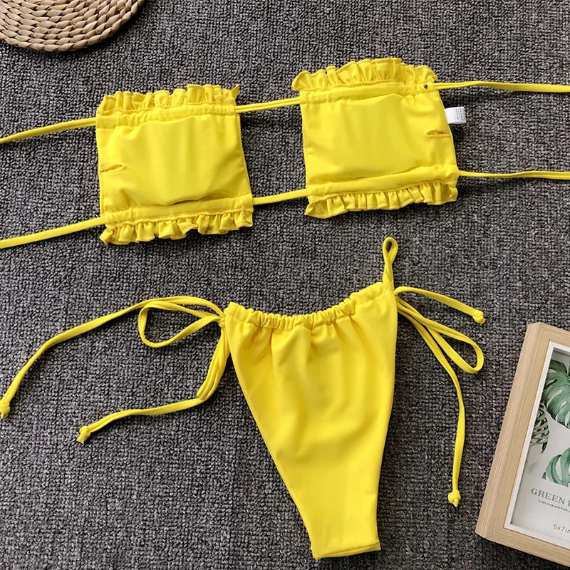 Tie Dye Pleated Ruffled Bikinis Bandeau Bikini Women Swimsuit Female Swimwear Two-pieces Bikini Set Hollow Out Bathing Suit Swim